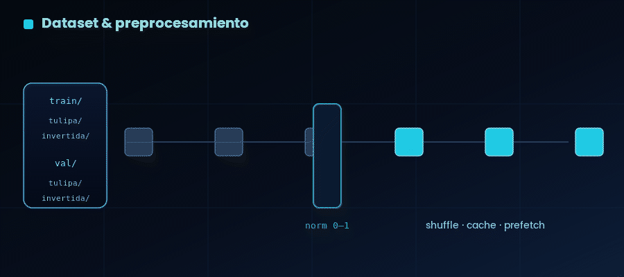 Dataset organizado en carpetas train/val y pipeline de preprocesamiento: normalización 0–1, shuffle, cache y prefetch.
