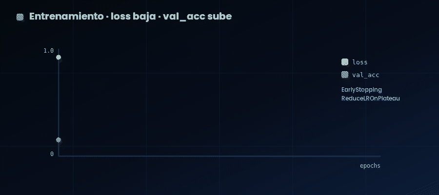 Curvas de entrenamiento: la pérdida (loss) baja mientras la precisión de validación (val_acc) sube, con EarlyStopping y ReduceLROnPlateau.